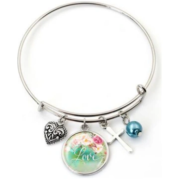 Bracciale rigido argentato Love 4 ciondoli