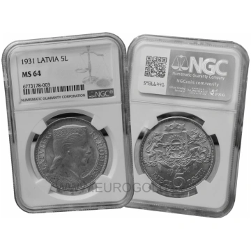 Latvia 5 Lati 1931 - NGC MS 64