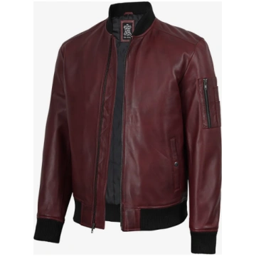 Men's Burgundy Lambskin Leather Bomber Jacket